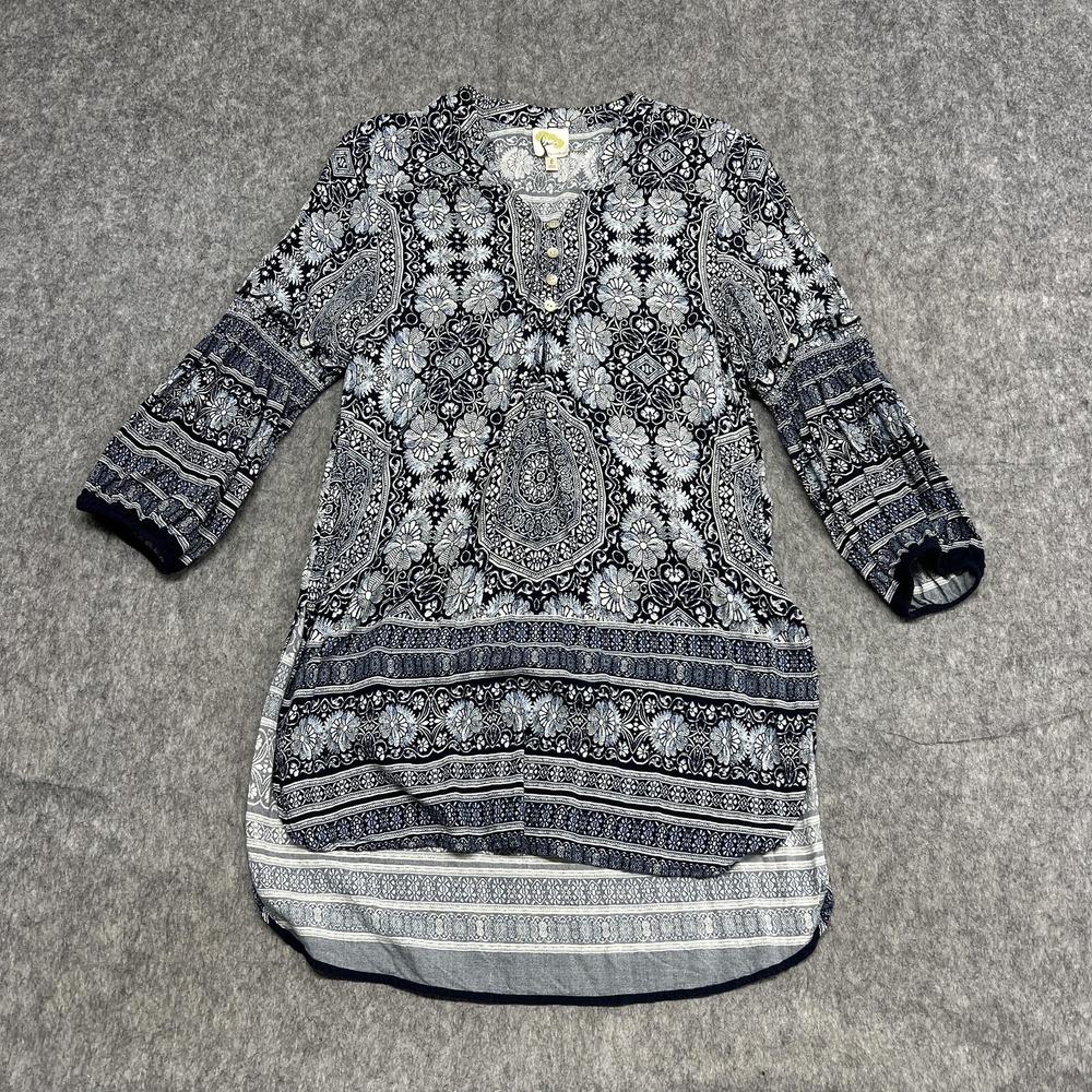 Fig‎ and Flower Tunic Shirt Womens Large Blue Paisley Boho 3/4 Sleeve Henley